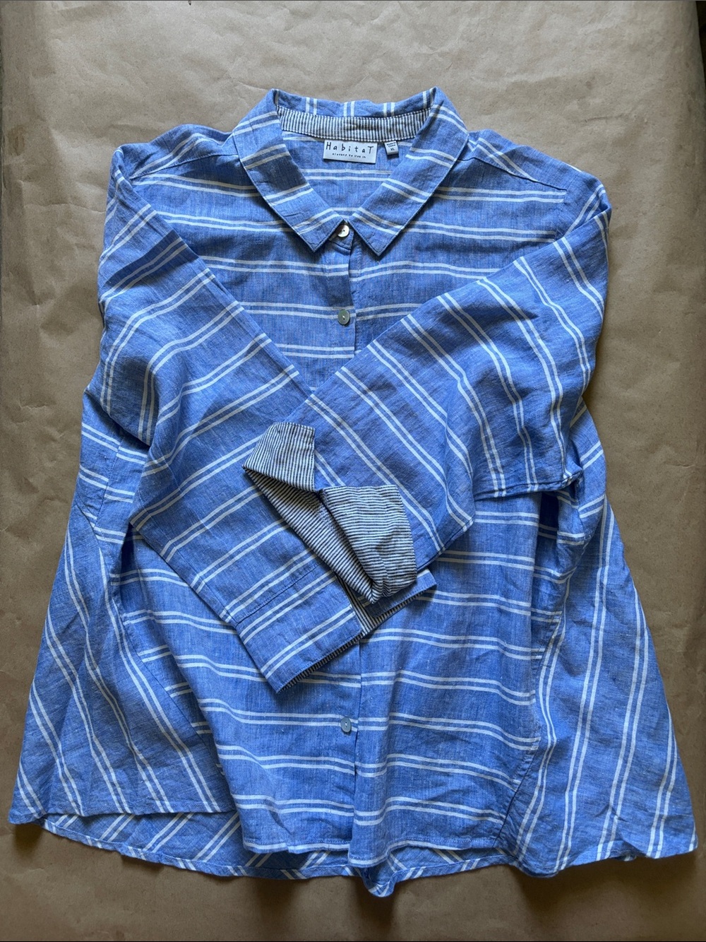 Linen Striped Button Down Shirt Womens XL Blue Roll Sleeve Tunic Habitat